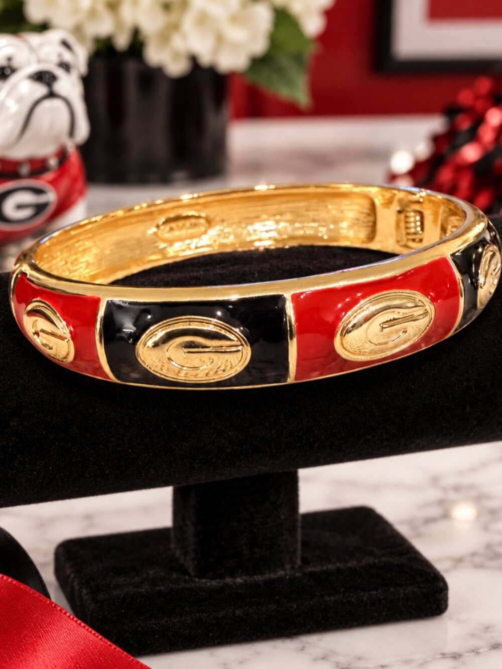 Georgia Bulldogs Bracelet, Red Black Gold Enamel Bangle, Georgia G Bracelet